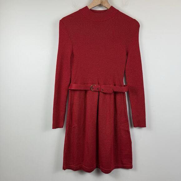 Free People Revolve French Girl Dress M Red Sparkle Knit Holiday Christmas Belt - Picture 2 of 12